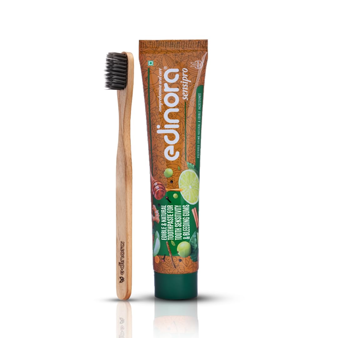 EDINORA Sensipro 45g Ayurvedic Toothpaste For Sensitivity & Bleeding Gums | No Sls, Parabens | Edinora Clove infused Neemwood Toothbrush | Charcoal infused soft bristles | Combo Pack