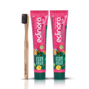 Edinora Kids Natural Herbal Toothpaste 90g for Children | Qty 2 | Fluoride Free | Neemwood soft bristles toothbrush | Qty 1 | Combo Pack
